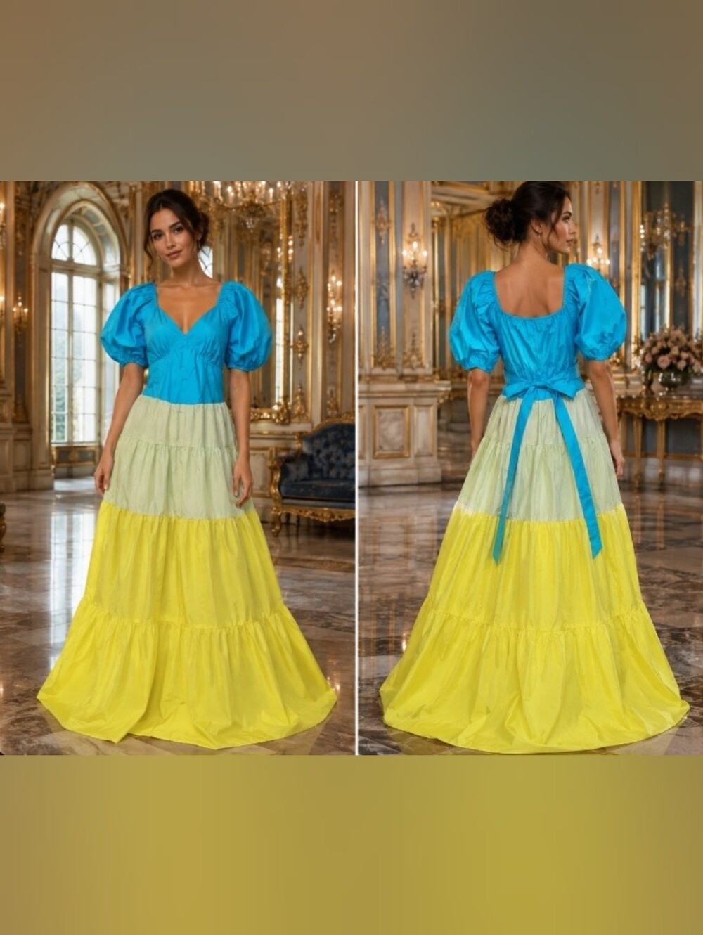 Ces Femme Blue Green Yellow Colorblock Puff Sleeve Cotton Maxi Dress NWOT Small